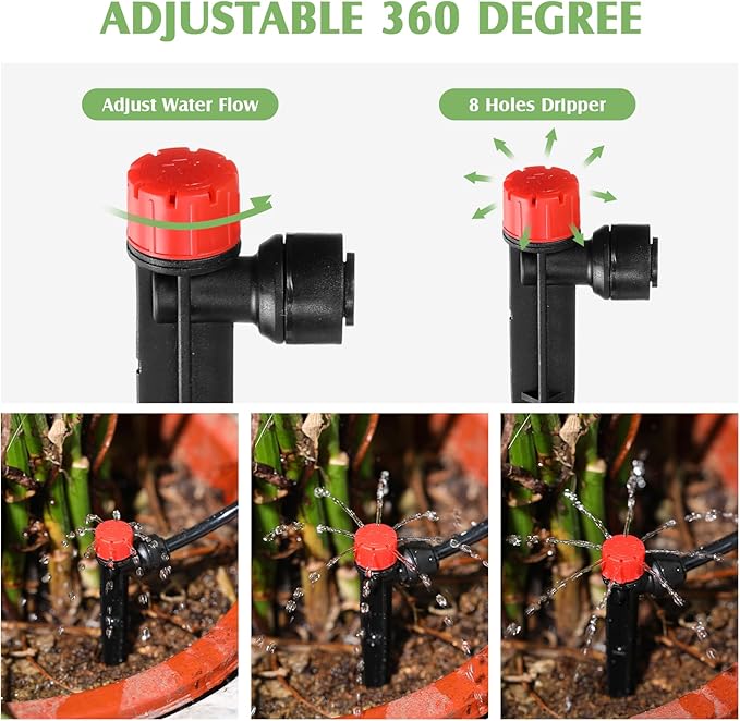 100 Pcs Drip Irrigation Emitters for 1/4'' Irrigation Tubing Adjustable Water Flow Drip Emitters with Stake Drip Irrigation System Irrigation Drippers with 360 Degree Sprayer for Garden Patio-BloomoryGarden