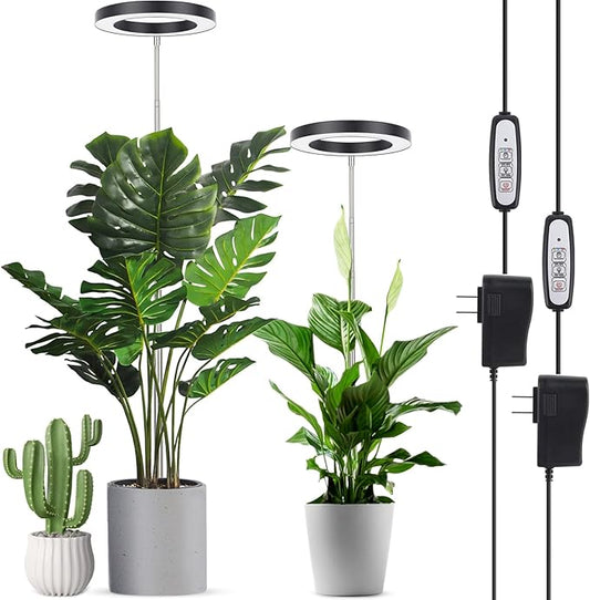 LORDEM Plant Grow Light, Full Spectrum Plant Light for Indoor Plants, Brightness Adjustable LED Growing Lamp with Auto On/Off Timer 4H/8H/12H, Height Adjustable, 2 Packs of Black-BloomoryGarden