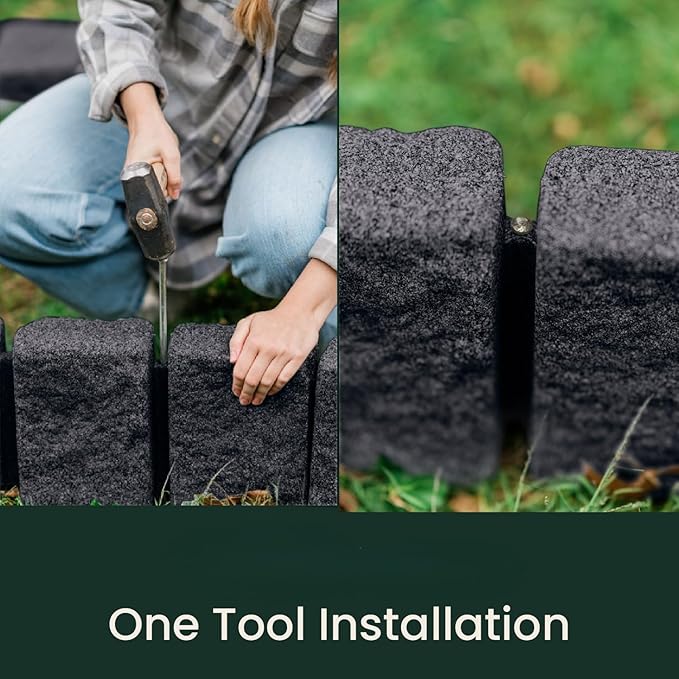 Beuta Landscape Edging | Garden Edging Border | Faux Stone Block XL for Lawn Edging, Flower Beds & Yard Edging – 40 Pack | Each Section Has 6 Blocks 48" L x 4" W x 9.5" H | 120 Spikes | Charcoal-BloomoryGarden