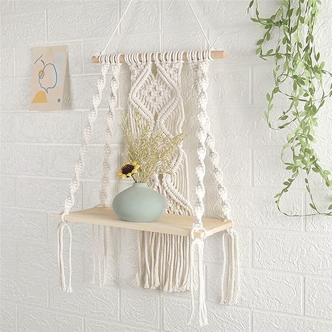 Macrame Wall Hanging Plant Decor Shelf Indoor Outdoor Floating Wood shelve Decorative Hand Made Rope Boho Shelving for Plants-BloomoryGarden