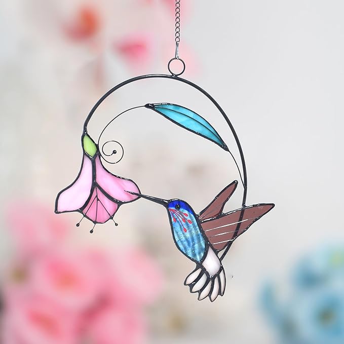 Lolitarcrafts Stained Glass Hummingbird Window Hangings with Flowers, Bird Stained Glass Suncatcher for Window Decor Hummingbird Gifts for Mom,Bird Lovers (Blue with Flower B)-BloomoryGarden