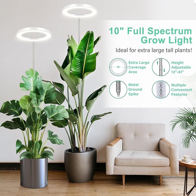 LORDEM 10" Grow Light for Indoor Plants, Full Spectrum Plant Lamp with160 LEDs, 4H/8H/12H Timer, 10 Dimmable Levels, 3 Spectrum Modes, Height Adjustable 61", Ideal for Large Tall Plants, Pack of 2-BloomoryGarden