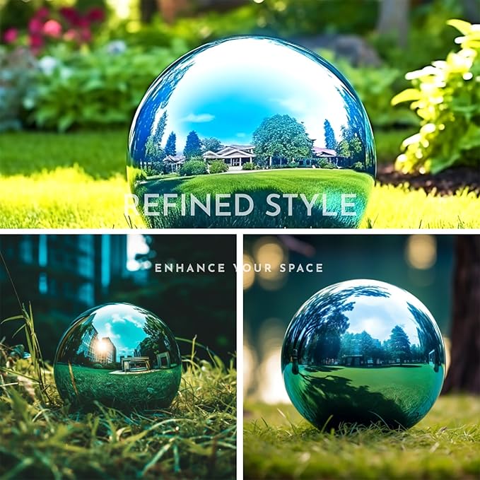 10 Inch Stainless Steel Gazing Globe,v2croft Hollow Ball Mirrored Surface Polished Shiny Sphere,Garden Stainless Steel Gazing Ball for Outdoor Lawn Pond Yard Ornament(Light Blue)-BloomoryGarden
