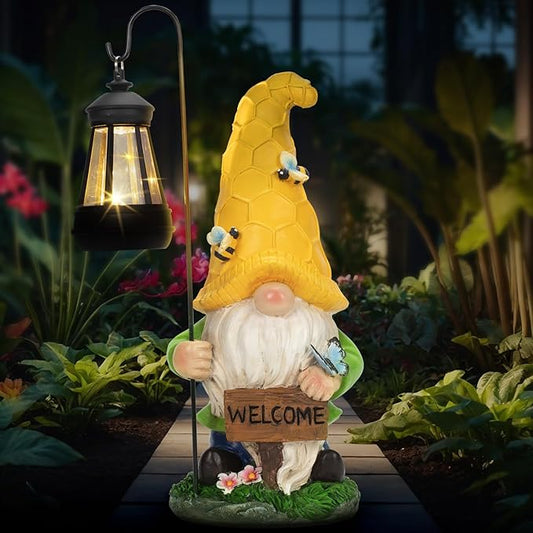 12.6'' Solar Large Garden Gnomes Outdoor Statues with Lantern, Welcome Gnome Garden Outdoor Decor Gift Waterproof Decoration for Patio, Balcony, Yard Ornament - Unique Housewarming Gifts-BloomoryGarden
