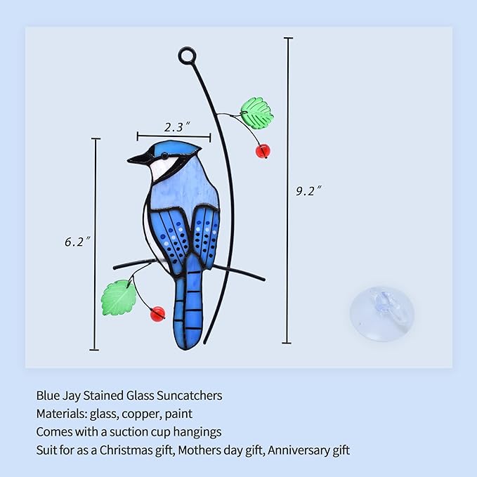 Lolitarcrafts Blue Jay Modern Stained Glass Window Hangings Blue Birds Suncathers for Window-BloomoryGarden