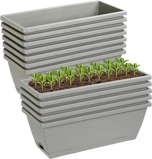 12Pcs 17Inches Rectangle Planter Box with Drainage Holes and Trays Plastic Planters Flower Boxes Pots for Indoor Outdoor Plants Patio Garden Home Decor Porch Yard (Gray)-BloomoryGarden