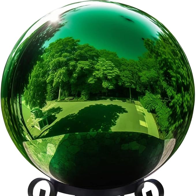 10 Inch Stainless Steel Gazing Globe,v2croft Hollow Ball Mirrored Surface Polished Shiny Sphere,Garden Stainless Steel Gazing Ball for Outdoor Lawn Pond Yard Ornament(Green)-BloomoryGarden