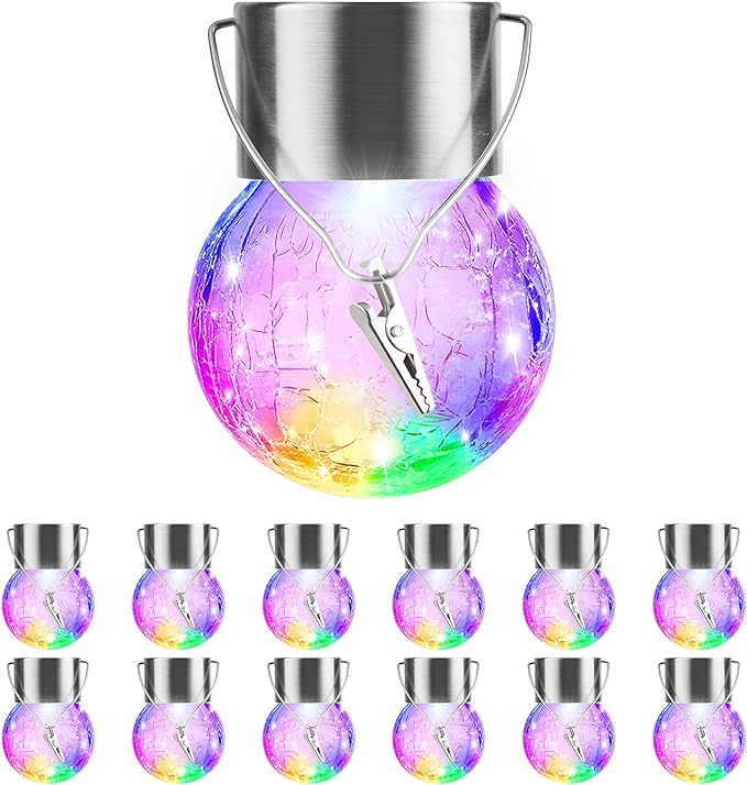 12 Pack Hanging Solar Lights Outdoor Decorative, Waterproof Solar Globe Lantern with Handle and Clip, Solar Powered Cracked Glass Ball Lights for Garden Yard Patio, Fence Tree Umbrella, Holiday Decor-BloomoryGarden
