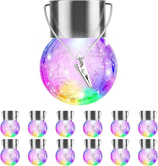 12 Pack Hanging Solar Lights Outdoor Decorative, Waterproof Solar Globe Lantern with Handle and Clip, Solar Powered Cracked Glass Ball Lights for Garden Yard Patio, Fence Tree Umbrella, Holiday Decor-BloomoryGarden