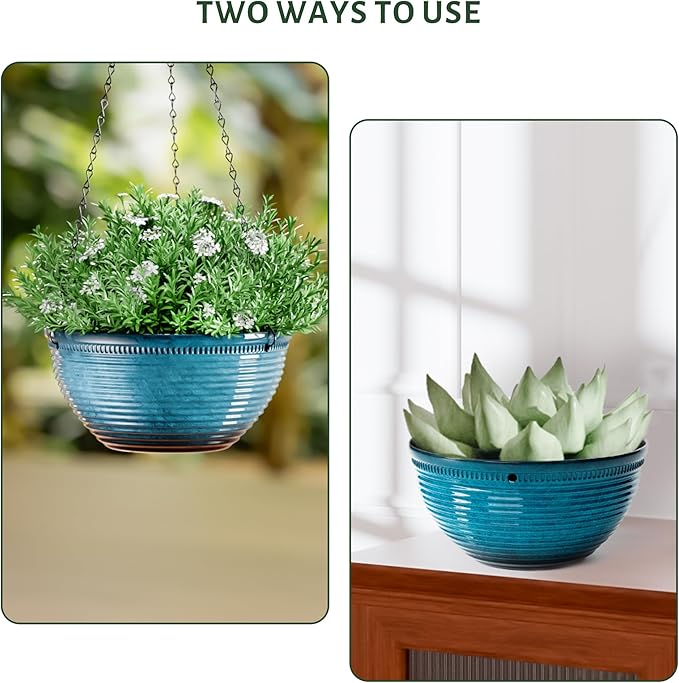 10in Hanging Planters for Indoor and Outdoor Plants, 2 Pack Hanging Planter with Drainage Hole, Round Hanging Flower Pots for Garden Home Decor (Blue)-BloomoryGarden