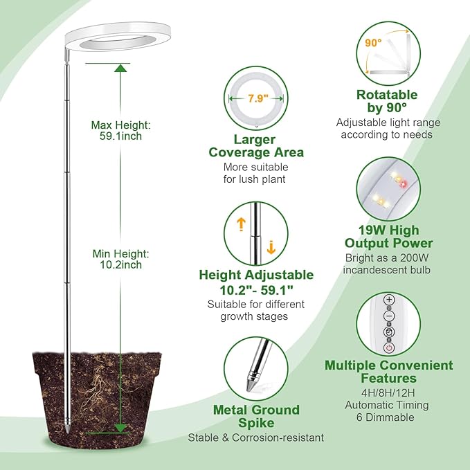 LORDEM Grow Light for Indoor Plants, 7.9" Full Spectrum LED Plant Grow Light, Height Adjustable Growing Lamp with Auto Timer 4H/8H/12H, 6 Dimmable Levels, Ideal for Indoor Large Tall Plants Growth-BloomoryGarden