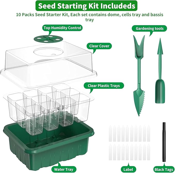 120 Cells Reusable Seed Starter Tray, 10 Pack Seedling Starter Kit for Greenhouse Propagator Station Planting Growing (Green)-BloomoryGarden