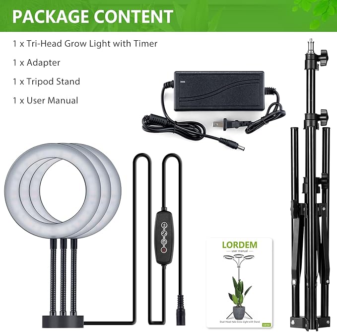 LORDEM Grow Light for Indoor Plants, 7.9" Diameter Tri-Head Plant Light for Plants Growing, Full Spectrum Growth Lamp with Auto Timer 3/6/12H, 4 Dimmable Levels, 3 Lighting Modes, Adjustable Stand-BloomoryGarden