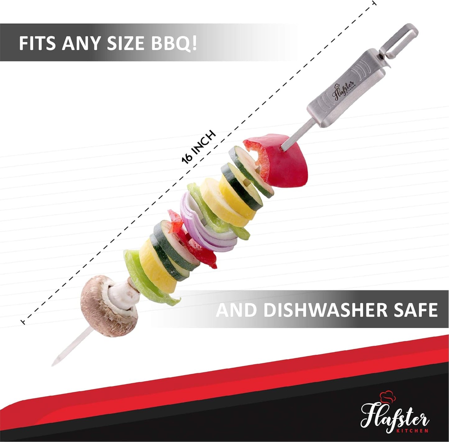 "FLAFSTER KITCHEN BBQ Skewers for Grilling - 16" Stainless Steel Flat Kebab Sticks with Push Bar, Reusable Metal Shish Kabob Skewers, Set of 6"-BloomoryGarden