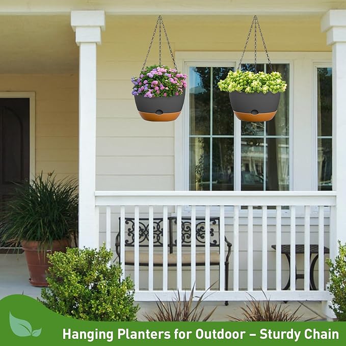 10 Inch Hanging Planters for Indoor & Outdoor Plants (2 Pack) - Self-Watering & Drainage Flower Pots with 2 Kinds of Plant Hangers for Home Decor & Garden (Deep Gray, 10 in)-BloomoryGarden