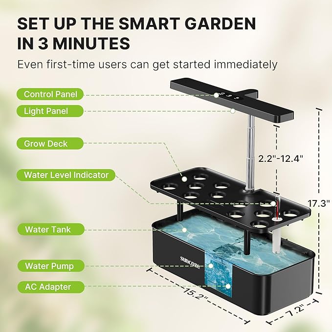 Hydroponics Growing System Kit 12 Pods, 24W LED Grow Light Indoor Garden, 4L Water Tank with Quiet Pump, Adjustable Height Herb Garden Planter Indoor Kit, Gardening Gifts, Black