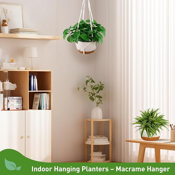 10 Inch Hanging Planters for Indoor & Outdoor Use (2 Pack) - Self-Watering & Drainage Flower Pots with Chain & Macrame Hangers (White, 10 in)-BloomoryGarden