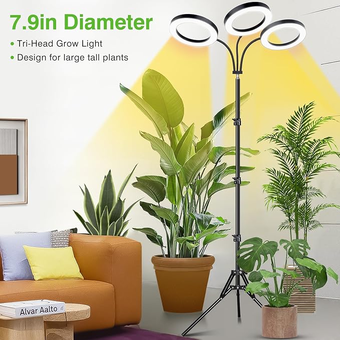 LORDEM Grow Light for Indoor Plants, 7.9" Diameter Tri-Head Plant Light for Plants Growing, Full Spectrum Growth Lamp with Auto Timer 3/6/12H, 4 Dimmable Levels, 3 Lighting Modes, Adjustable Stand-BloomoryGarden