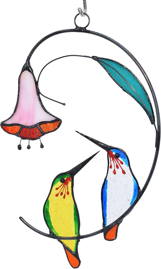 Lolitarcrafts Hummingbird with Flower Stained Glass Suncatcher Bird Stained Glass Window Hangings Hummingbird Gift for Home Decor (Green and Blue)-BloomoryGarden