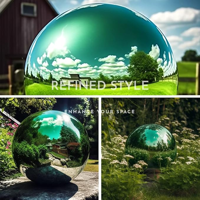 10 Inch Stainless Steel Gazing Globe,v2croft Hollow Ball Mirrored Surface Polished Shiny Sphere,Garden Stainless Steel Gazing Ball for Outdoor Lawn Pond Yard Ornament(Green)-BloomoryGarden
