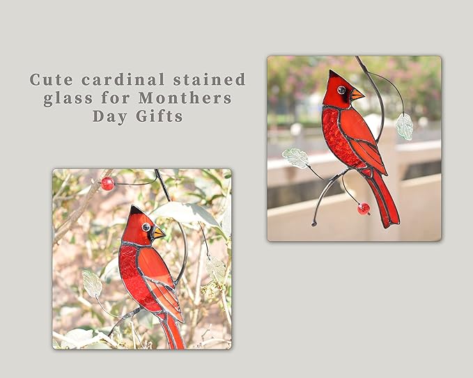 Lolitarcrafts Bigger Cardinal Stained Glass Window Hangings Cute Birds Suncathers for Window Monthers Day Gifts-BloomoryGarden