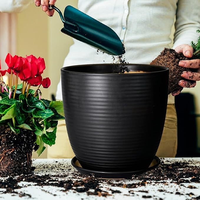12 Inch Pots for Plants - Ceramic Planter Pot, Large Flower Pot with Drainage Hole and Saucer for Home Patio Garden Office Indoor Outdoor, Black-BloomoryGarden