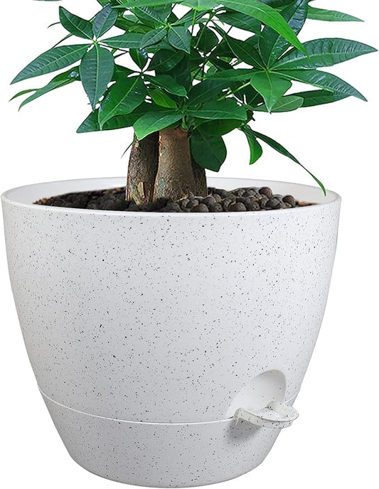 12 inch Large Self Watering Pots, Plastic Planters with 60oZ Removable Deep Reservoir and Multi Mesh Drainage Holes for Indoor Outdoor Garden Plants and Flowers, White Speckles-BloomoryGarden