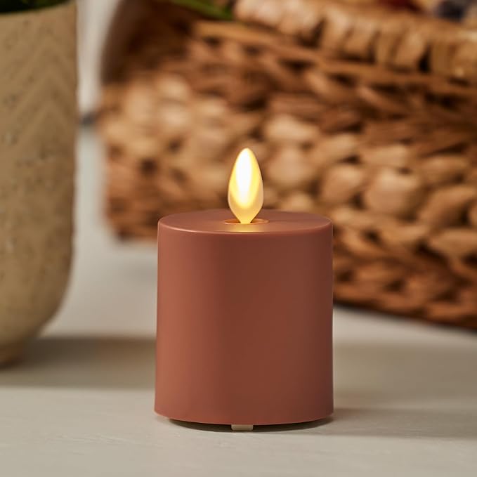 Luminara Outdoor Votive Flameless LED Candle, Baked Clay 2" x 3.2", Moving Flame Battery Operated Timer Remote Ready IPX4 Matte Plastic Finish-BloomoryGarden