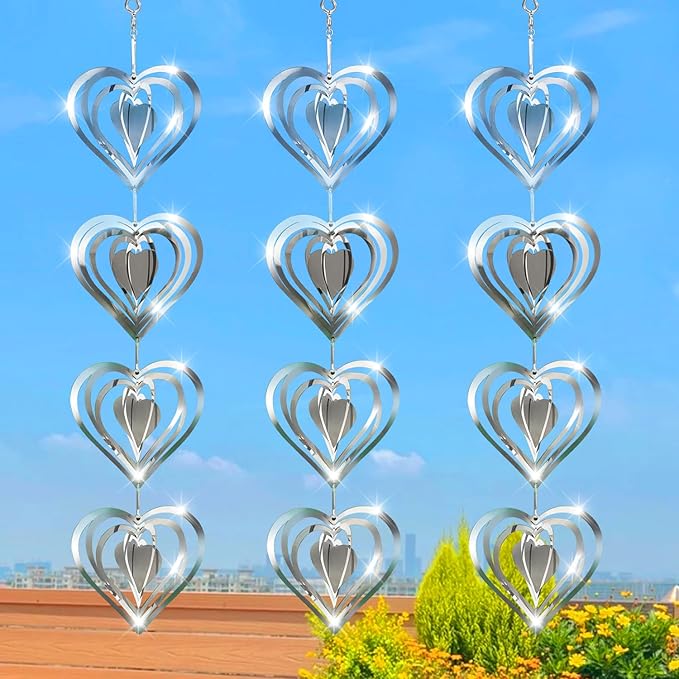 12 Metal Heart Bird Scarer Discs Set, Wind Spinners 3D Helix Reflector Stainless Steel Sparkly Outdoor Garden Decor, Scare Birds & Animals Away from Garden Yard Patio Lawn Farm Wind Sculpture Gifts-BloomoryGarden