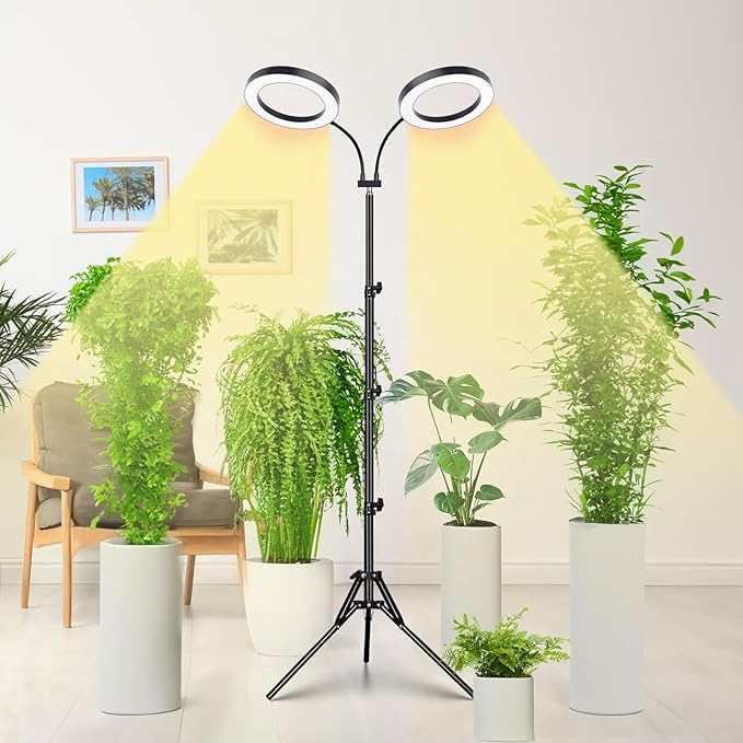 LORDEM Grow Light for Indoor Plants, Dual-Head Plant Light for Plants Growing, Full Spectrum Growth Lamp with Auto Timer for 4/8/12H, 4 Dimmable Levels, 144 LEDs, Height Adjustable Stand 24.4"- 67"-BloomoryGarden