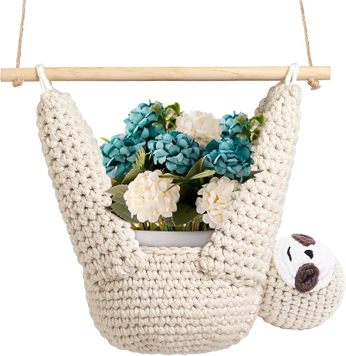 Macrame Plant Hanger Crochet Sloth Hanging Planter Sloth Gifts,5 Inch Animal Wall Hanging Plant Holder for Plant Sloth Lovers, Home Decor Indoor Outdoor Plants Succulent Gifts-BloomoryGarden