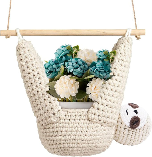 Macrame Plant Hanger Crochet Sloth Hanging Planter Sloth Gifts,5 Inch Animal Wall Hanging Plant Holder for Plant Sloth Lovers, Home Decor Indoor Outdoor Plants Succulent Gifts-BloomoryGarden