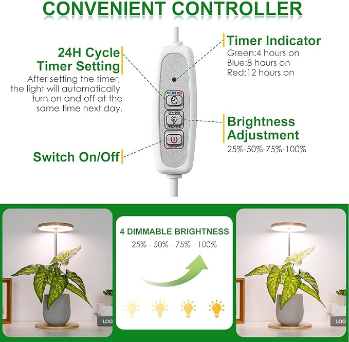 LORDEM Bamboo Grow Light, LED Plant Light for Indoor Plants Growing, Full Spectrum Bamboo Desk Growth Lamp with Automatic Timer for 4H/8H/12H, 4 Dimmable Levels, Height Adjustable-BloomoryGarden
