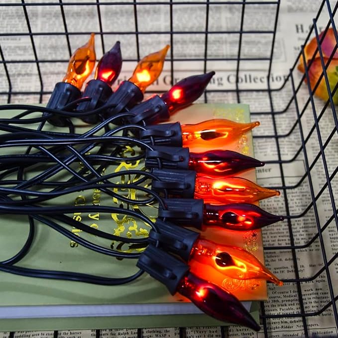 12.8Ft Halloween Decorations - Indoor/Outdoor Flickering Flame String Lights, Orange & Purple, 12 Pack C7 Flame Lights Bulbs-BloomoryGarden
