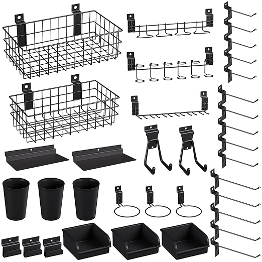 INCLY 30PCS Slatwall Accessories Set with Slatwall Baskets, Slatwall Hooks, Slatwall Shelves, Slatwall Bins, Slatwall Cups, Heavy Duty Slat Wall Accessory for Garage Room Shop Organizing Display-BloomoryGarden