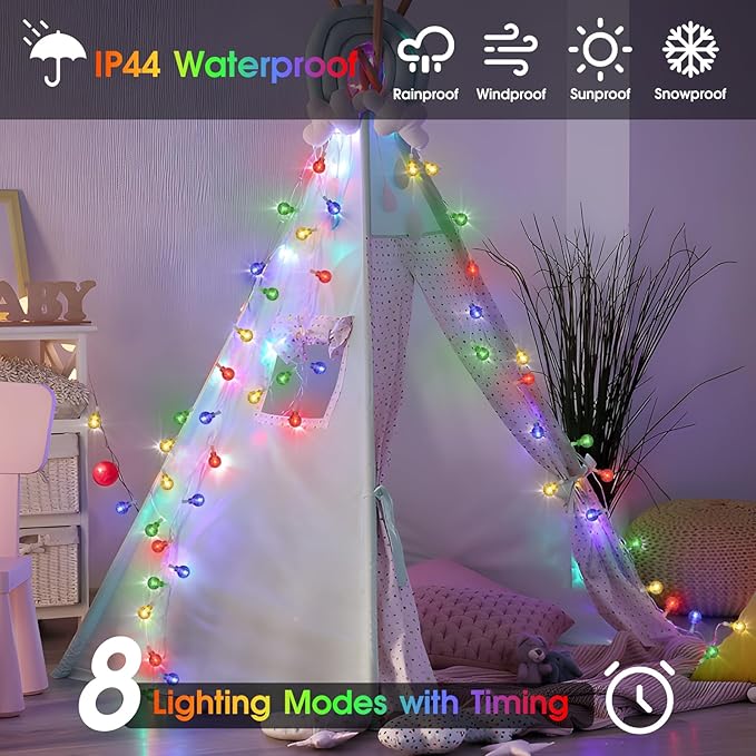 16.4ft 50LED Globe String Lights Indoor Bedroom Battery Operated, Crystal Fairy Light IP44 Waterproof Outdoor Hanging Decorative Lights for Home Tent Patio Garden Party Wedding Decor-BloomoryGarden