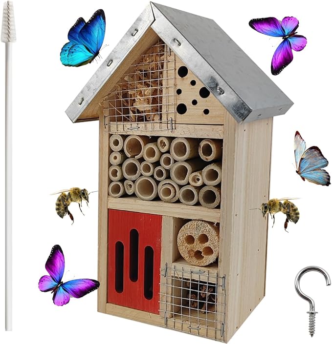 TIHOOD Natural Wooden Hanging Bee House for Gardens Natural Wooden Butterfly Hotel for Bee, Butterfly, Ladybirds, Habitat, Bee Hotel Garden-BloomoryGarden