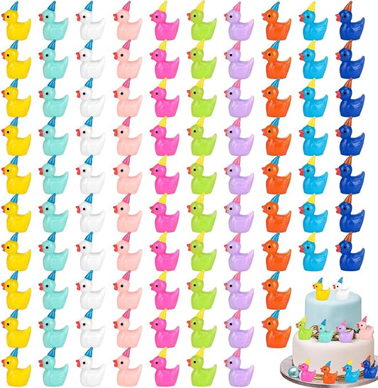 100 Pack Mini Resin Ducks, Multicolor Mini Ducks Wearing Party Hat, Tiny Duck Miniature Duck Figures Tiny Home Ornament for Micro Landscape Dollhouse Garden Aquarium Potted School Office-BloomoryGarden