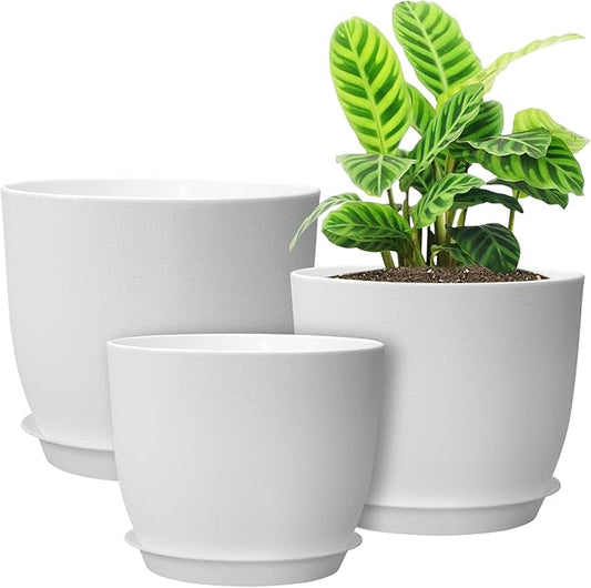 12/10/9 Large Modern Plant Pots, Plastic Planters with Drainage Holes and Saucers for Indoor Outdoor Plants Flowers, White-BloomoryGarden