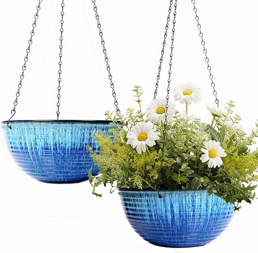 10in Hanging Planters for Indoor and Outdoor Plants, 2 Pack Hanging Planter with Drainage Hole, Round Hanging Flower Pots for Garden Home Decor (Blue Glaze)-BloomoryGarden