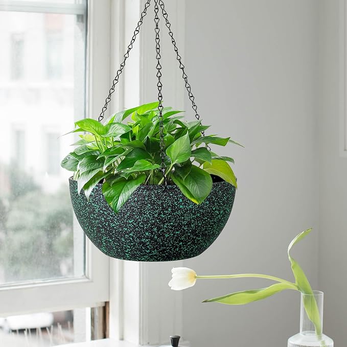 10inch Hanging Planters for Outdoor Indoor Plants with Drainage Holes and Chain, 2 Pack Round Hanging Flower Pots for Garden Home Porch Decor, Black with Green Speckles-BloomoryGarden