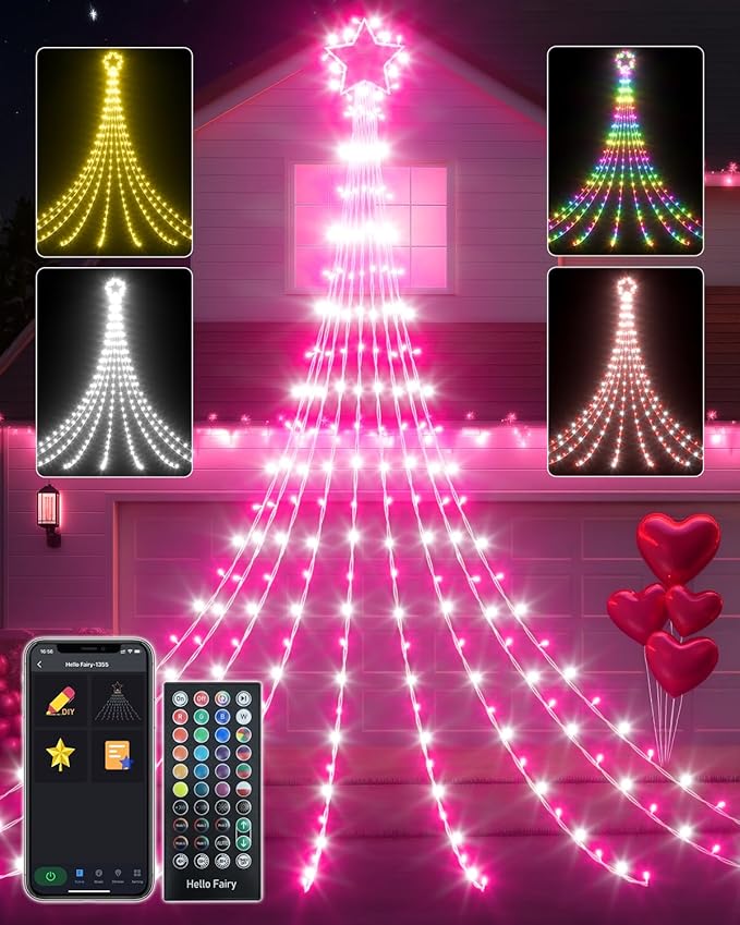16.5FT Smart Outdoor Christmas Decoration Star String Lights, DIY Color Changing LED Yard Lights App Control Music Sync, Timer, Group Control Waterproof Waterfall Tree Lights for Outside-BloomoryGarden