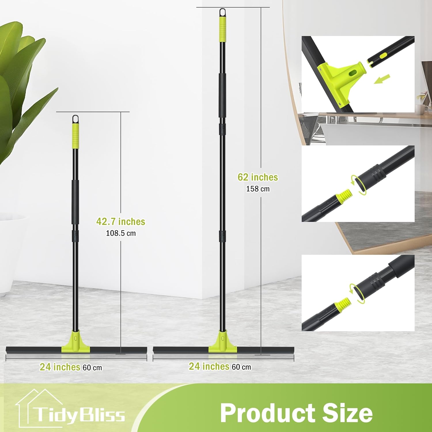 Floor Squeegee Heavy Duty, 24” Rubber Foam Water Scraper Broom, Epoxy Wiper Mop with 62 inches Long Handle for Cleaning Concrete Pool Rug Garage Deck Shower Window Outdoor Indoor (Green)-BloomoryGarden