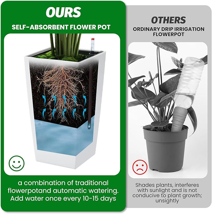 16" Tall Planters Set of 2, Outdoor＆Indoor Black Planter Pots, High Front Porch Planter Pots with Drainage Holes＆Water Level Monitor＆Inner Bucket, Automatic Watering,White-BloomoryGarden