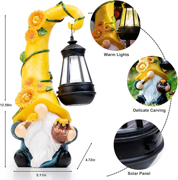 12" Solar Gnome Garden Statues Honey Bee jar Decor with LED Lantern Outdoor Spring Gnomes Decorations Patio Yard Balcony Art Gifts for Women Mom Grandma-BloomoryGarden