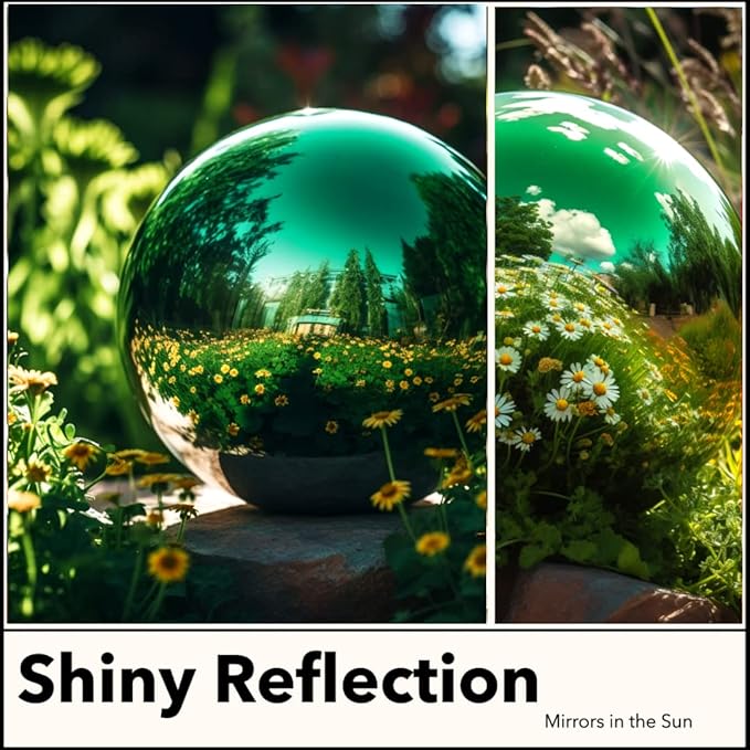 10 Inch Stainless Steel Gazing Globe,v2croft Hollow Ball Mirrored Surface Polished Shiny Sphere,Garden Stainless Steel Gazing Ball for Outdoor Lawn Pond Yard Ornament(Green)-BloomoryGarden