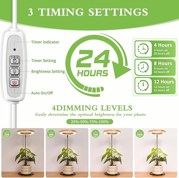 LORDEM Bamboo Grow Light for Indoor Plants, Full Spectrum Plant Light for Indoor Growing, Desk LED Grow Lamp with Auto On/Off Timer for 4H/8H/12H, 4 Dimmable Levels, Height Adjustable, 2 Pack-BloomoryGarden
