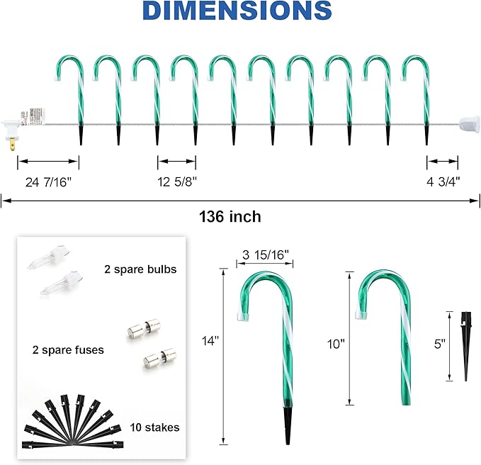 10" Christmas Candy Cane Lights - Set of 10 Pathway Markers Christmas Outdoor Yard Decorations, Green Xmas Candy Cane Stake Lights for Lawn, Walkway, Garden, Xmas Party Indoor Ornaments-BloomoryGarden
