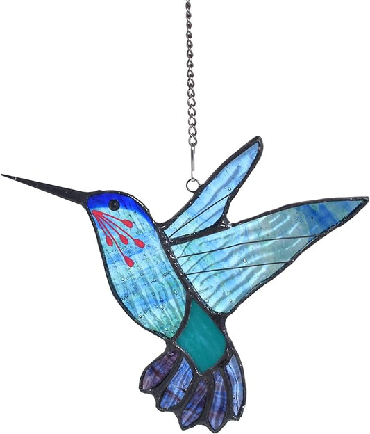 Lolitarcrafts Stained Glass Hummingbird Window Hangings with Flowers, Bird Stained Glass Suncatcher for Window Decor Hummingbird Gifts for Mom,Bird Lovers (Blue A)-BloomoryGarden