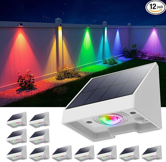 12 Pack Color Changing Solar Powered Fence Lights Outdoor Decorative LED Waterproof Yard Lighting for Outside Wall, Deck, House Patio, Rail, Backyard, 8 Colorful Modes, Easy Install (White Shell)-BloomoryGarden